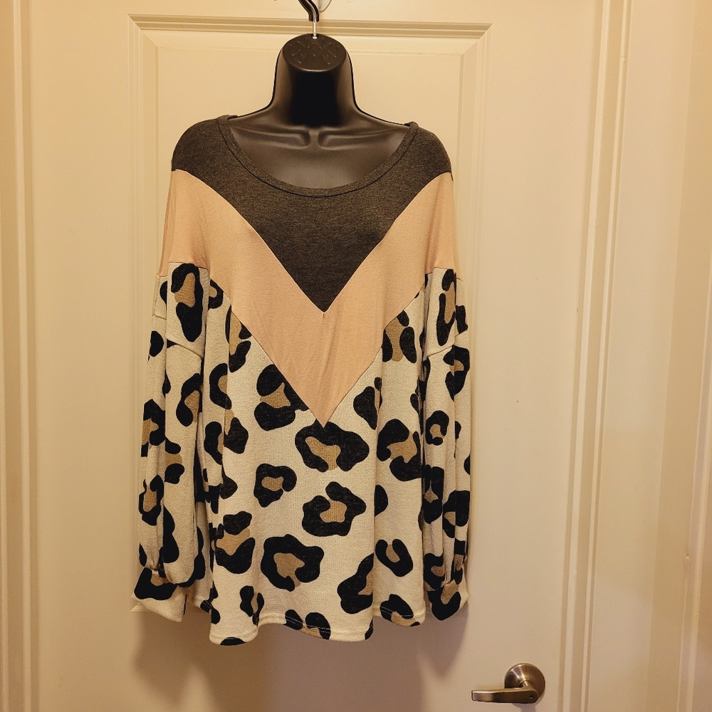 Gray/Tan/Cheetah Boutique Blouse